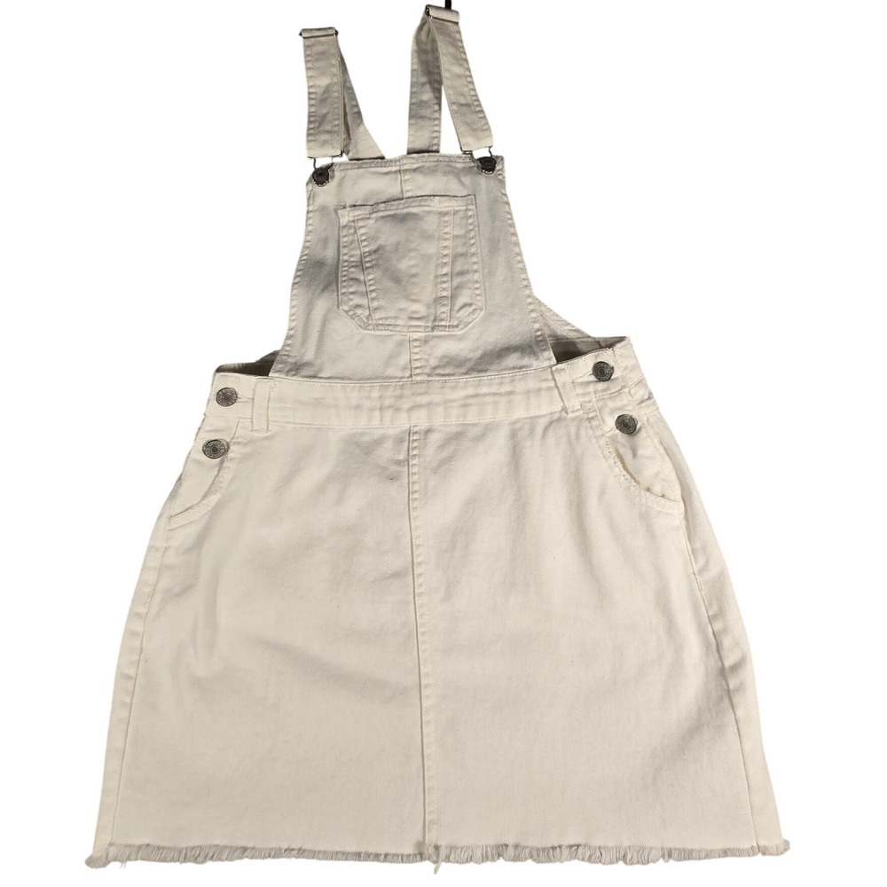 Loveā Tree Denim White Overalls Mini Dress Bib Front Raw Hem Womens Medium